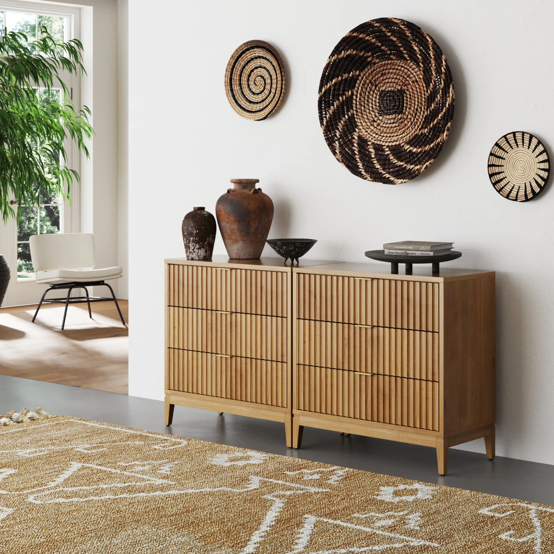 Mid-Century Fluted 3-Drawer Dressers Warm Pine (Set of 2)