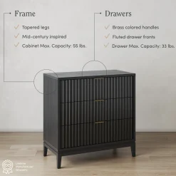 Mid-Century Fluted 3-Drawer Dressers Black Oak (Set of 2)