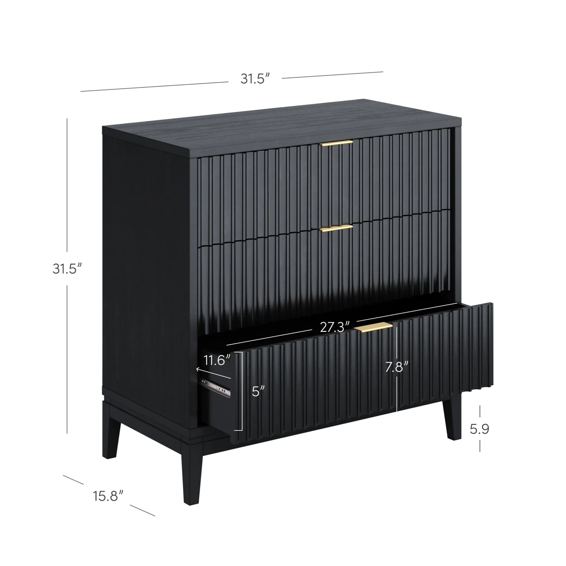 Mid-Century Fluted 3-Drawer Dresser Black Oak