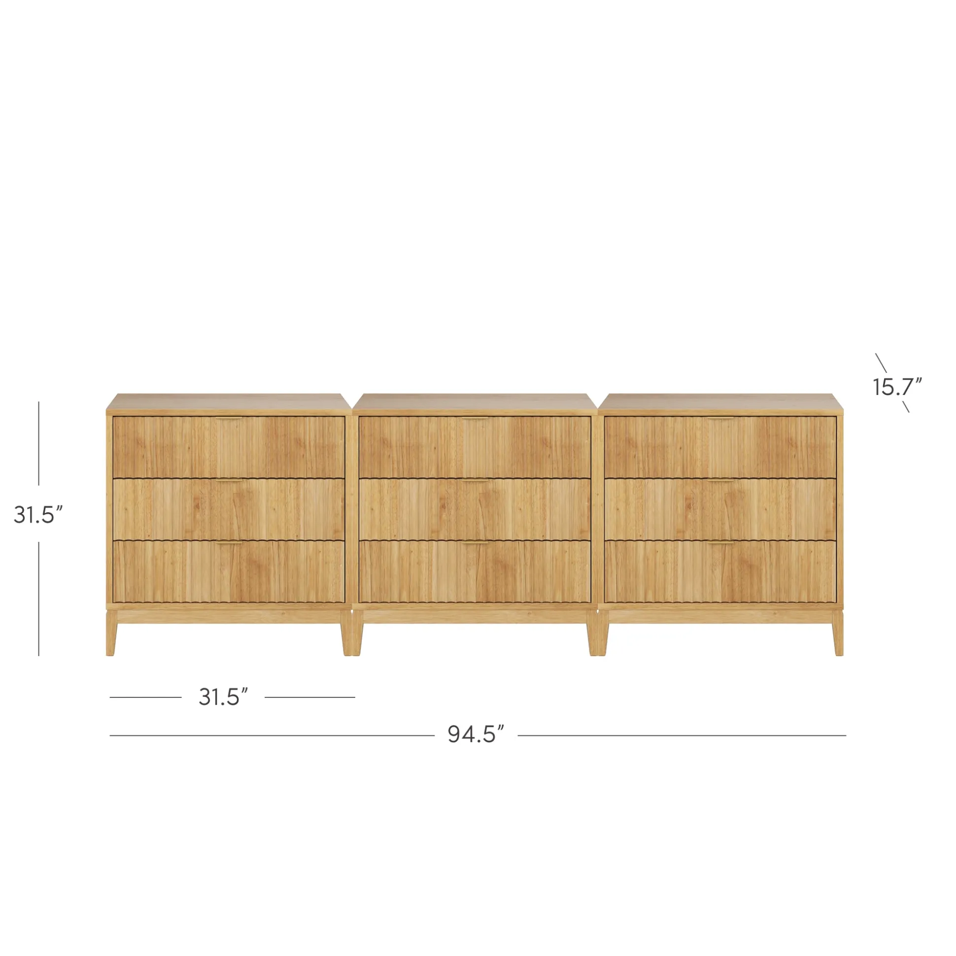 Mid-Century Fluted 3-Drawer Dressers Warm Pine (Set of 3)
