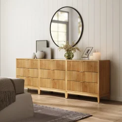 Mid-Century Fluted 3-Drawer Dressers Warm Pine (Set of 3)