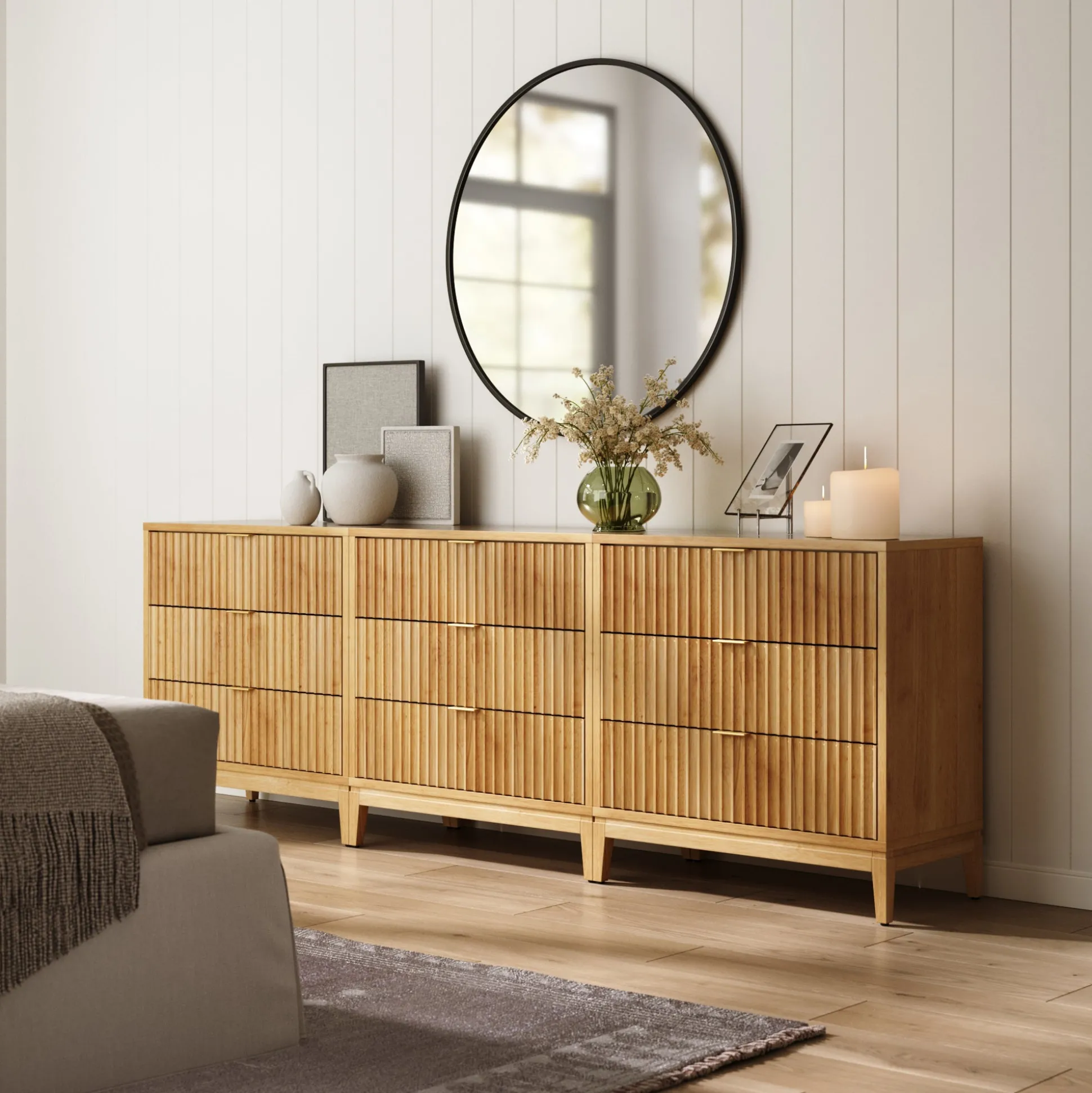 Mid-Century Fluted 3-Drawer Dressers Warm Pine (Set of 3)