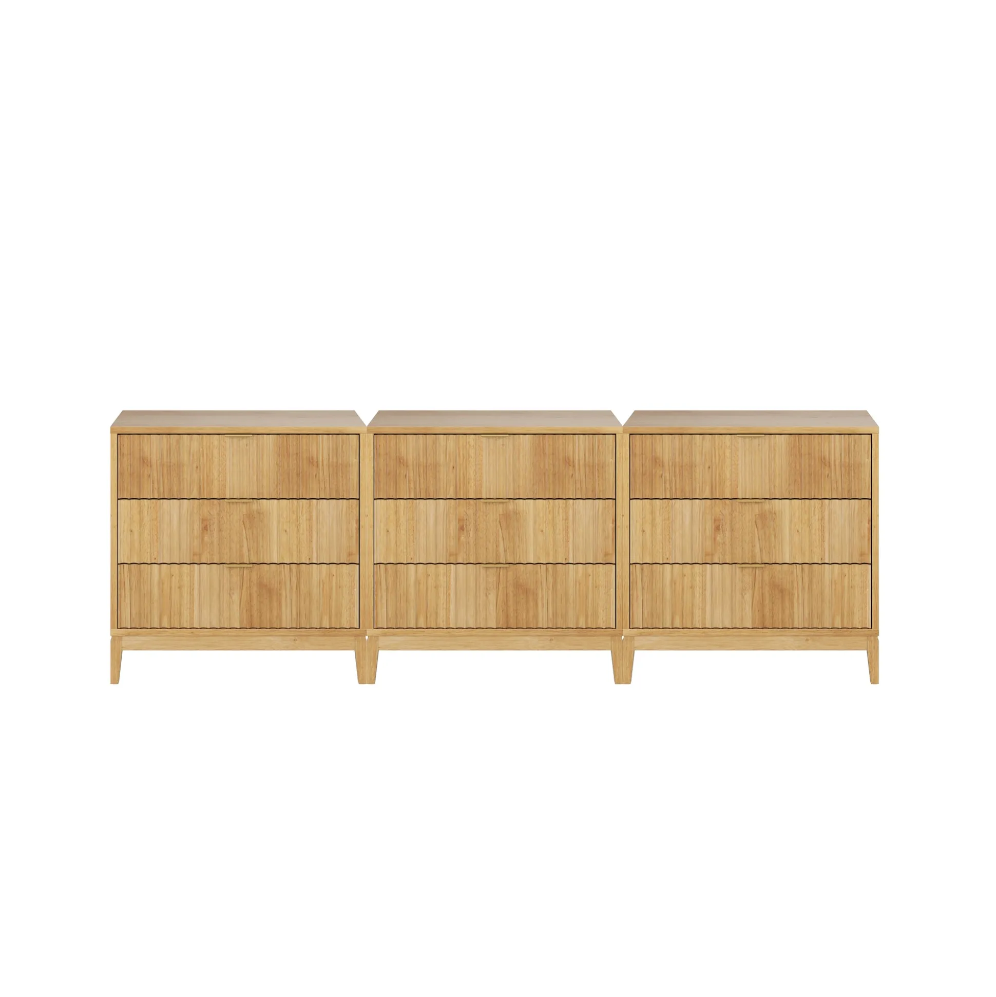 Mid-Century Fluted 3-Drawer Dressers Warm Pine (Set of 3)