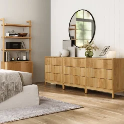 Mid-Century Fluted 3-Drawer Dressers Warm Pine (Set of 3)