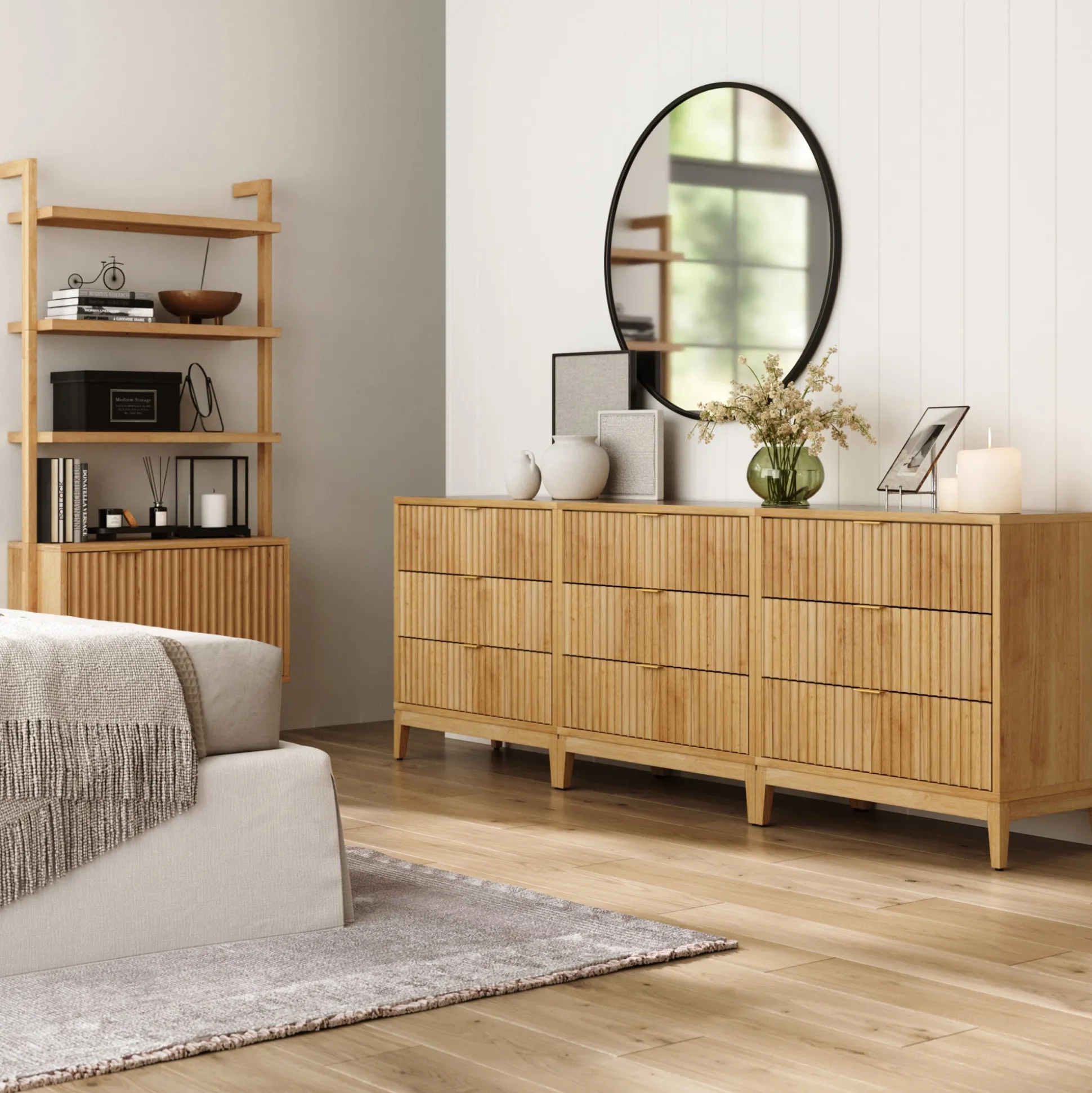Mid-Century Fluted 3-Drawer Dressers Warm Pine (Set of 3)