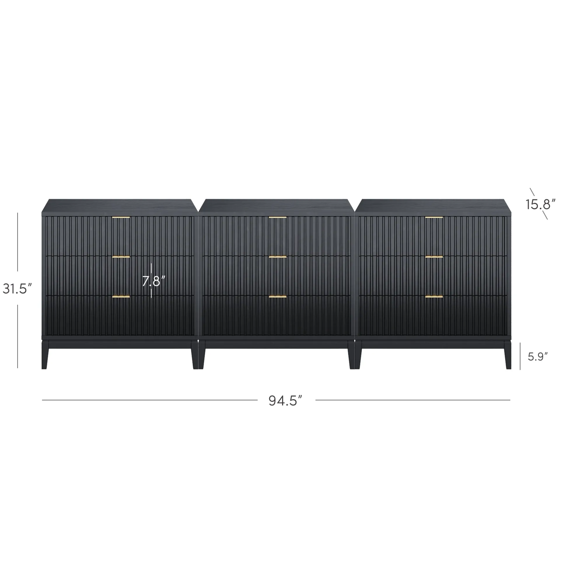 Mid-Century Fluted 9-Drawer Extra Large Dresser Black (Set of 3)