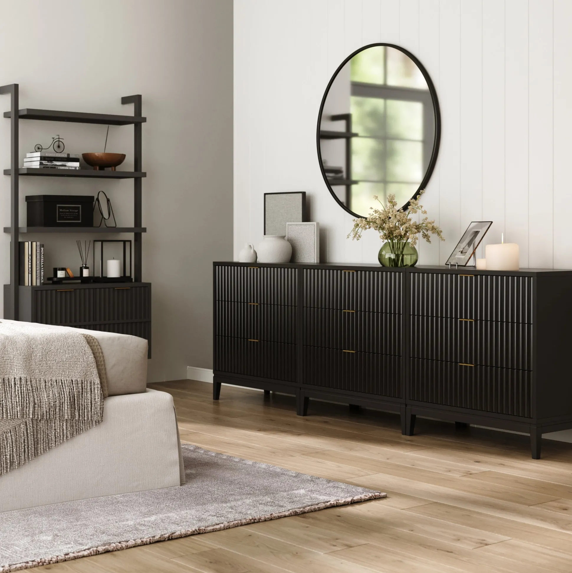 Mid-Century Fluted 9-Drawer Extra Large Dresser Black (Set of 3)