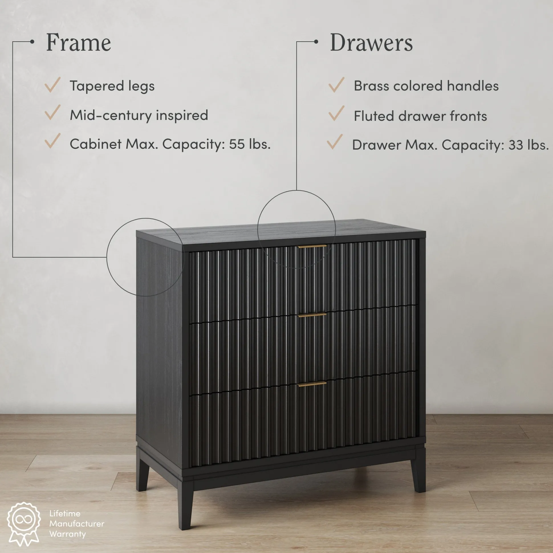 Mid-Century Fluted 9-Drawer Extra Large Dresser Black (Set of 3)