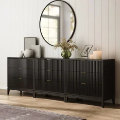 Mid-Century Fluted 9-Drawer Extra Large Dresser Black (Set of 3)