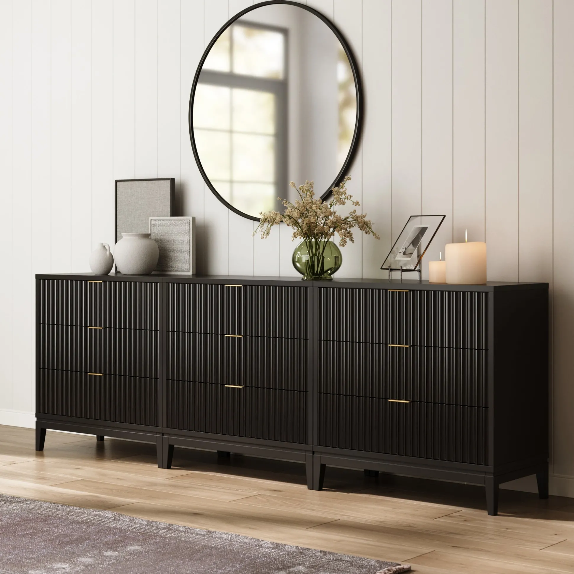 Mid-Century Fluted 9-Drawer Extra Large Dresser Black (Set of 3)