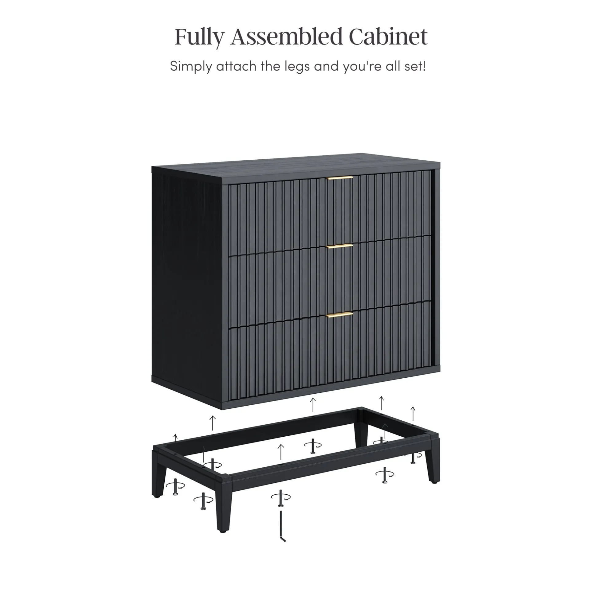 Mid-Century Fluted 9-Drawer Extra Large Dresser Black (Set of 3)