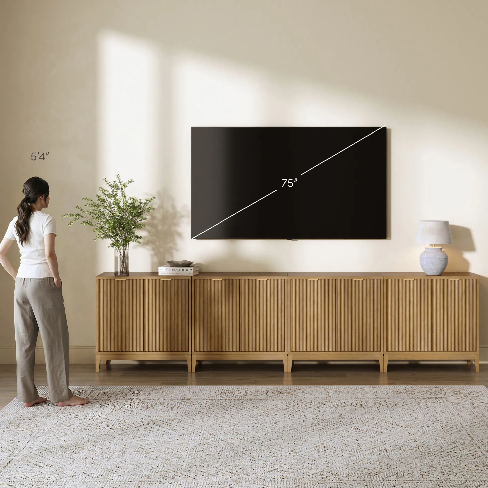 Mid-Century Fluted for TVs up to 100" Console Light Brown