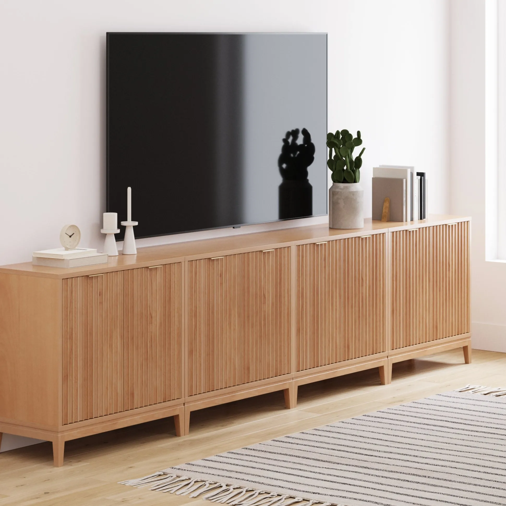 Mid-Century Fluted for TVs up to 100" Console Warm Pine