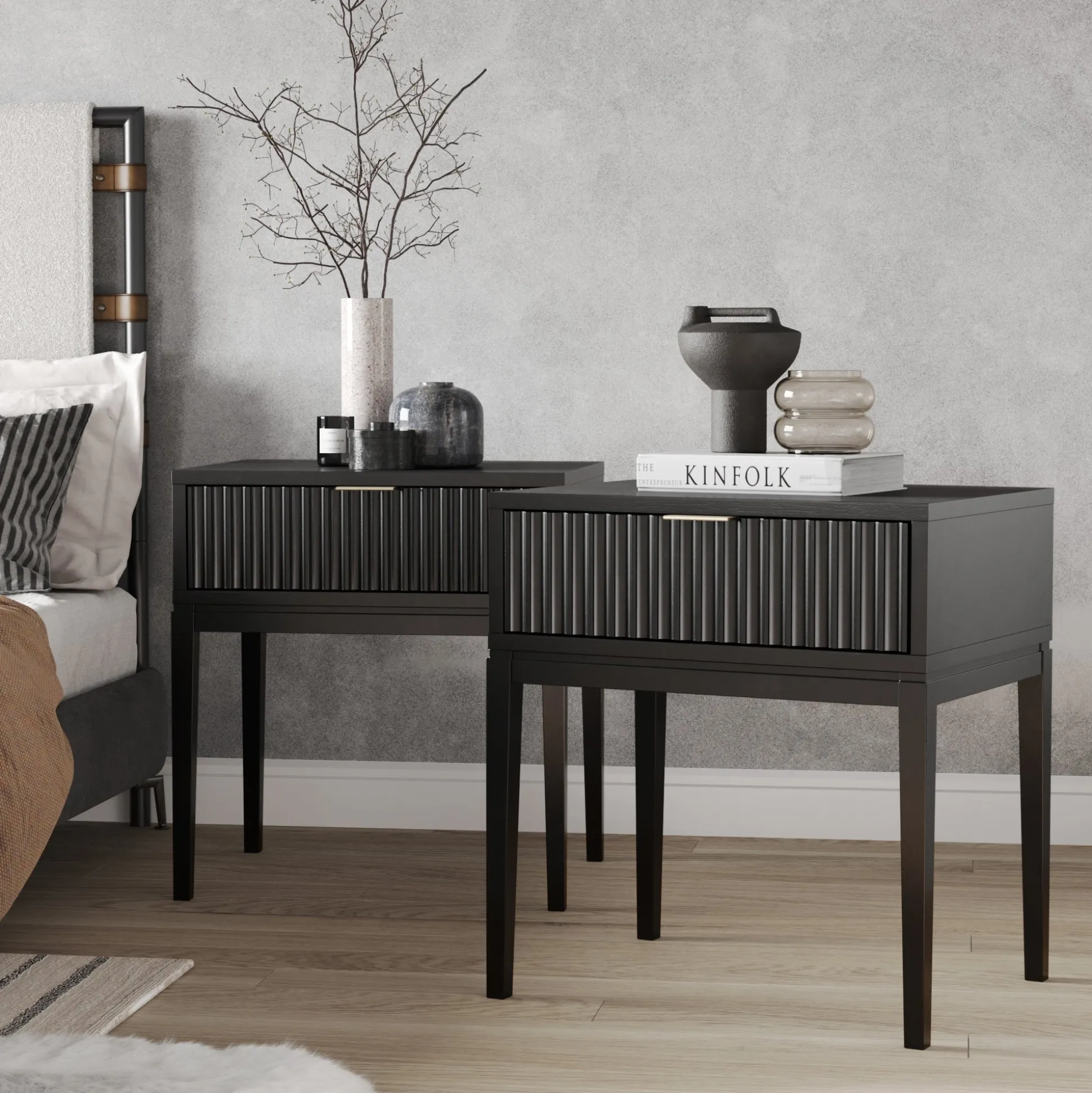 Mid-Century Fluted Nightstands Black Oak (Set of 2)