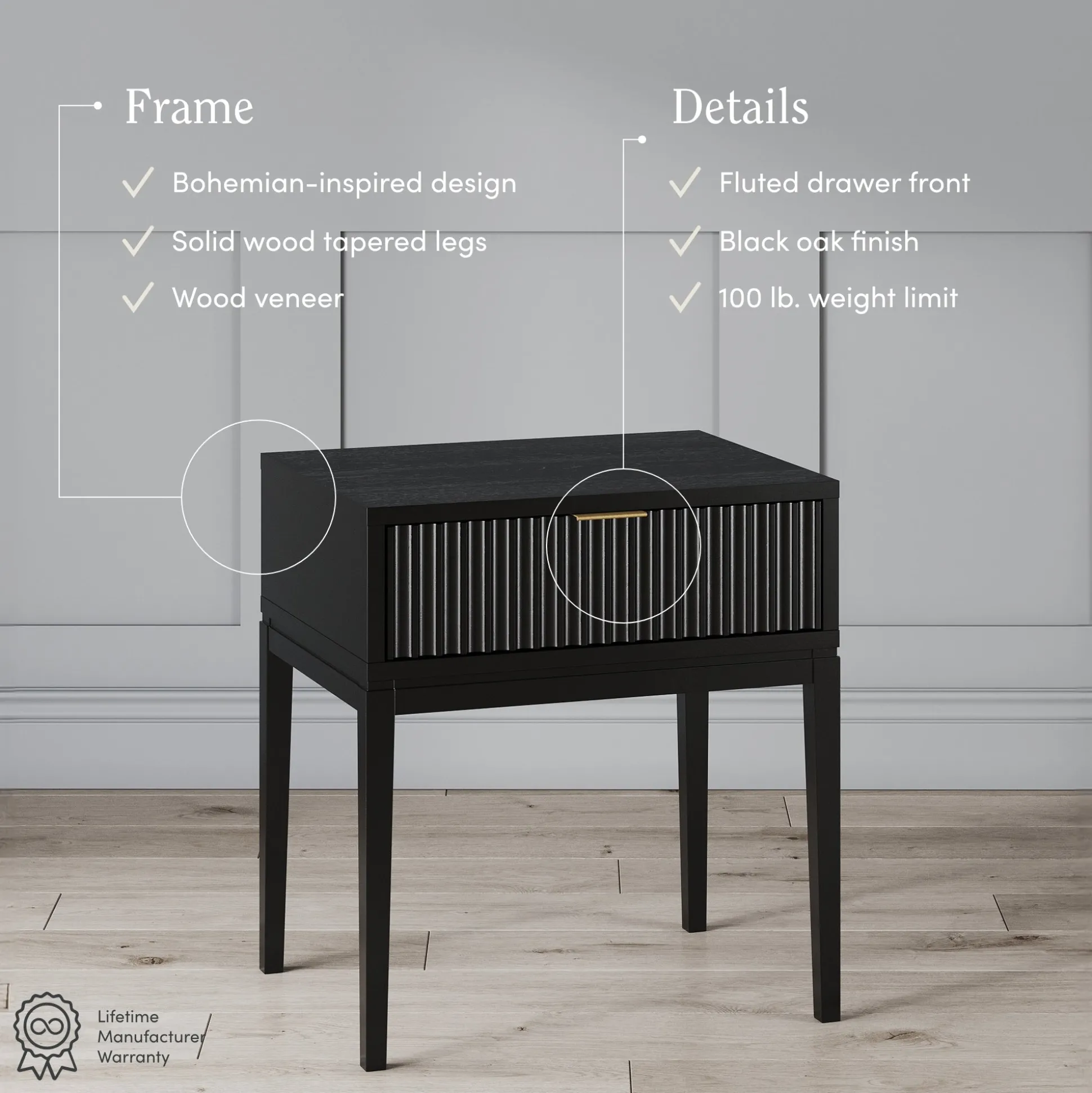 Mid-Century Fluted Nightstand Black Oak