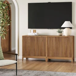 Mid-Century Fluted Storage Cabinet Credenza Light Brown (Set of 2)