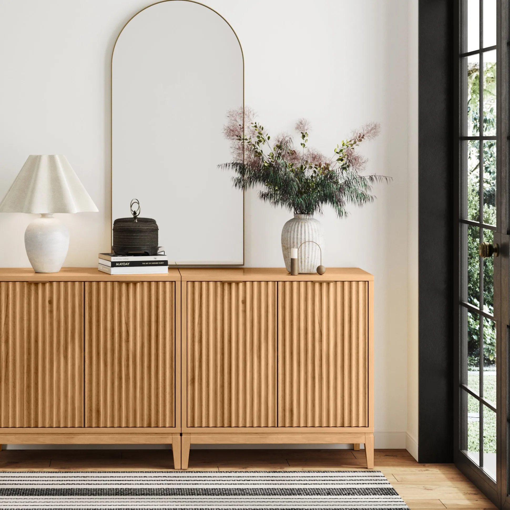 Mid-Century Fluted Storage Cabinet Credenza Warm Pine (Set of 2)