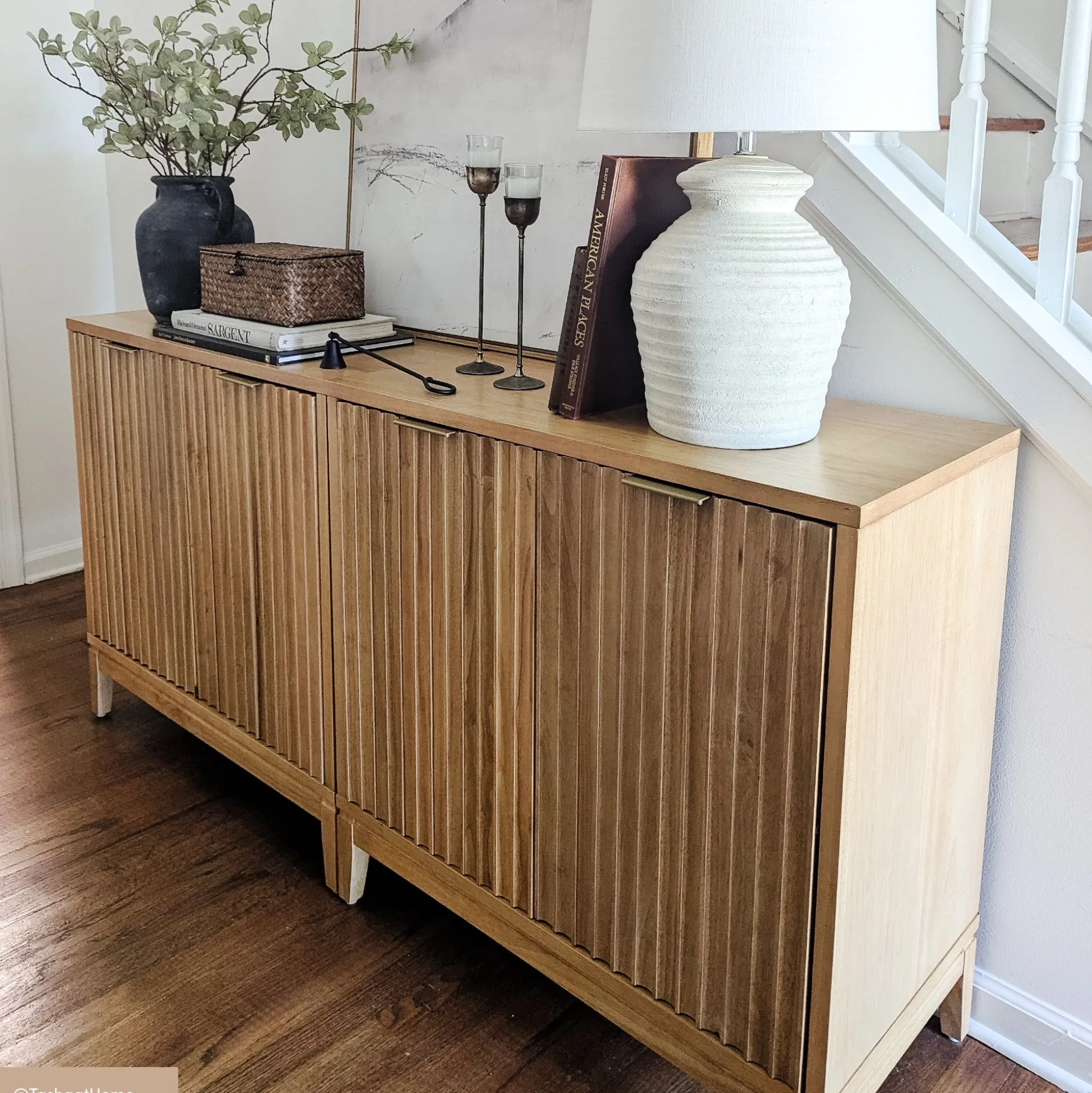 Mid-Century Fluted Storage Cabinet Credenza Warm Pine (Set of 2)