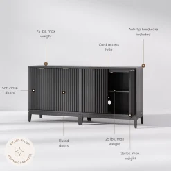 Mid-Century Fluted Storage Cabinet Credenza Black Oak (Set of 2)