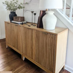 Mid-Century Fluted Storage Cabinet Credenza Warm Pine (Set of 3)