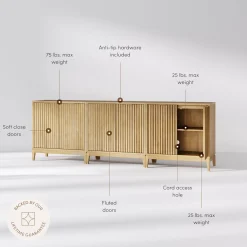 Mid-Century Fluted Storage Cabinet Credenza Light Brown (Set of 3)