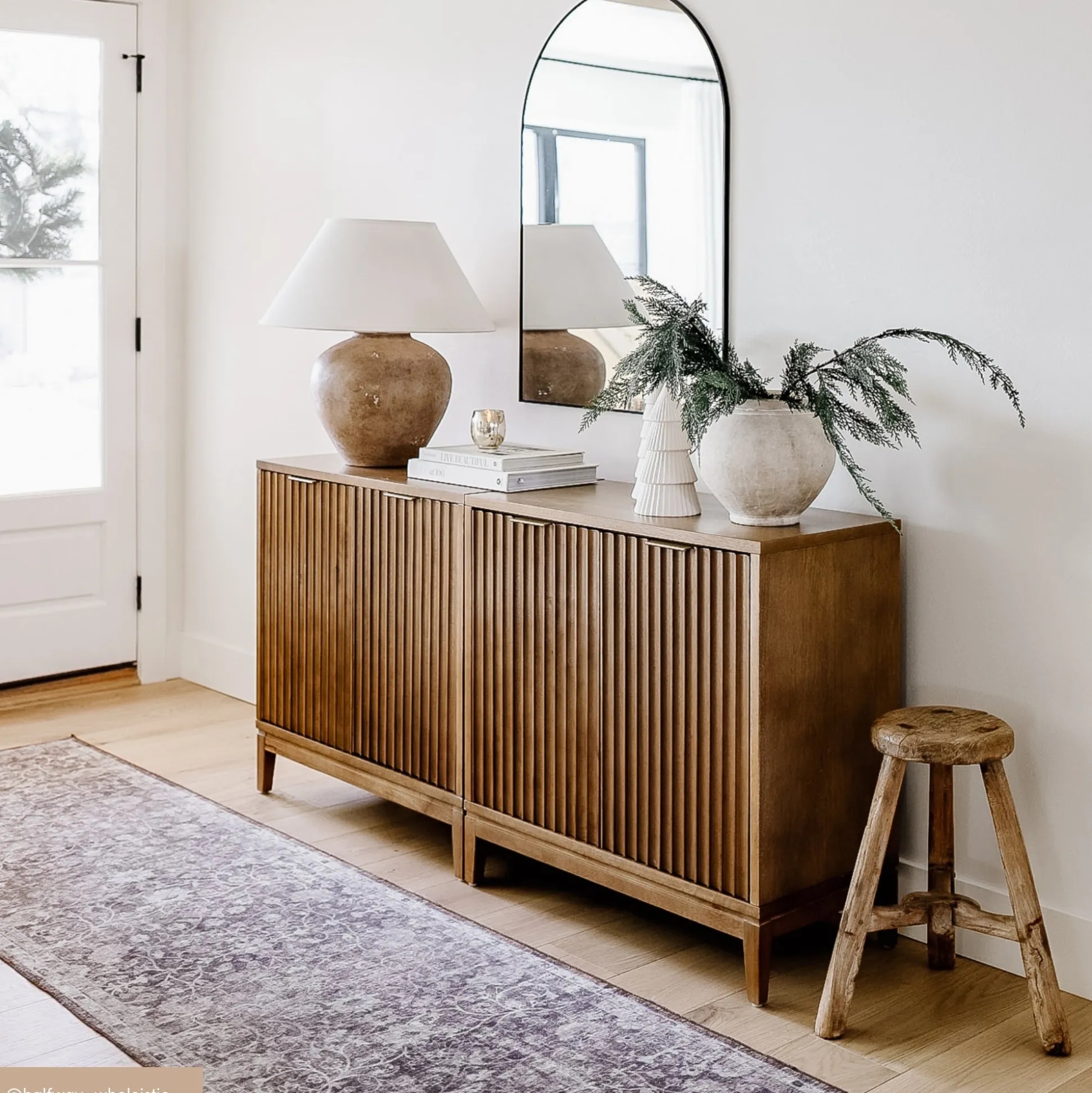 Mid-Century Fluted Storage Cabinet Credenza Light Brown (Set of 3)