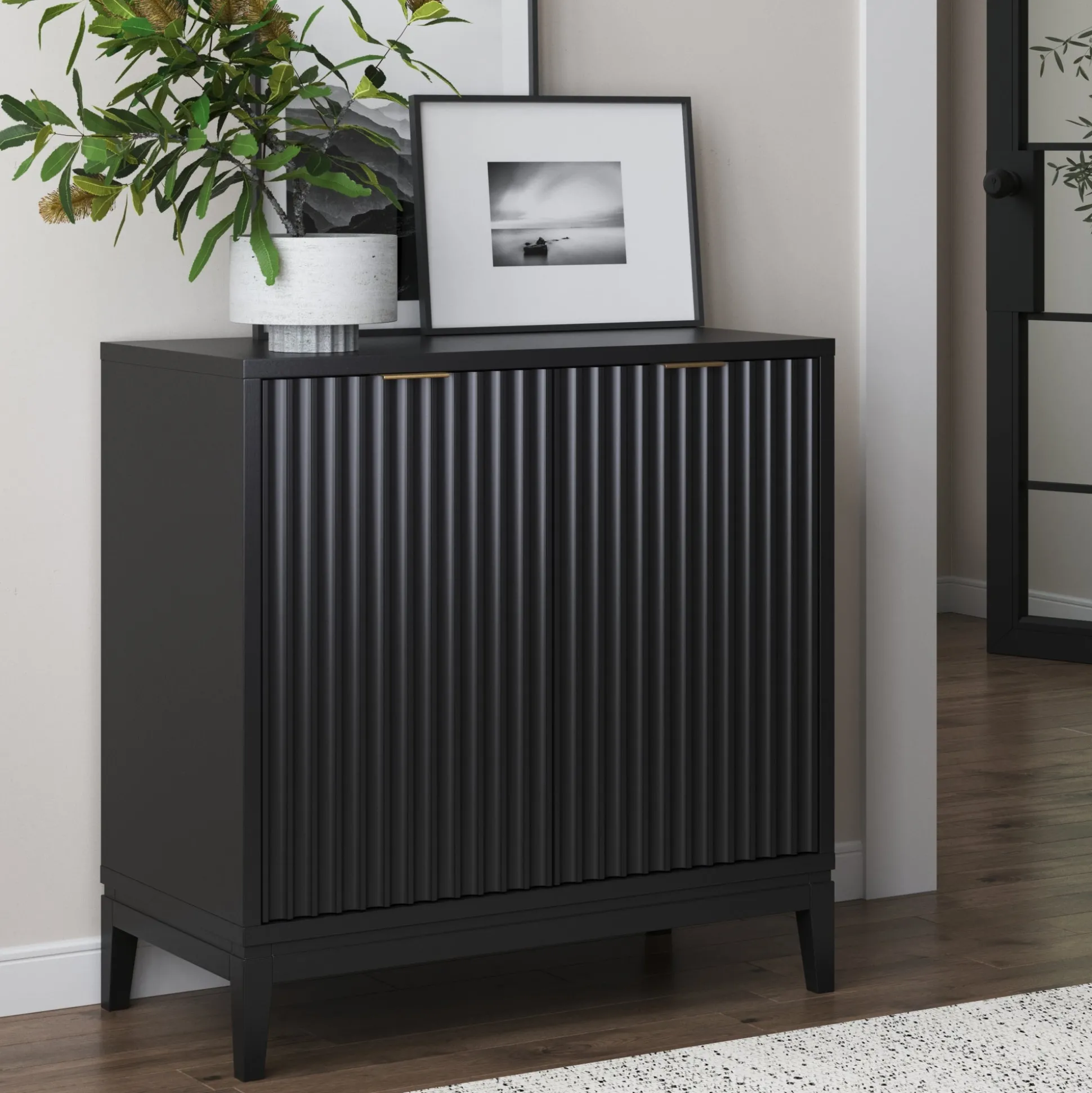 Mid-Century Fluted Storage Cabinet Black Oak