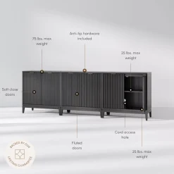 Mid-Century Fluted Storage Cabinet Credenza Black Oak (Set of 3)