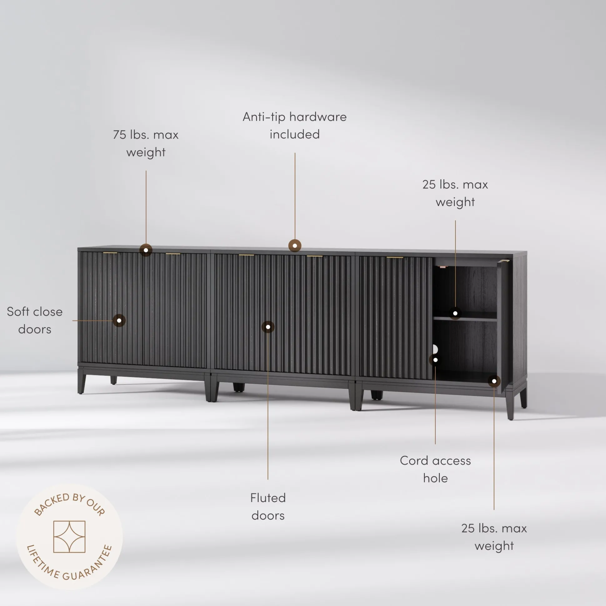 Mid-Century Fluted Storage Cabinet Credenza Black Oak (Set of 3)
