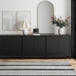 Mid-Century Fluted Storage Cabinet Credenza Black Oak (Set of 3)