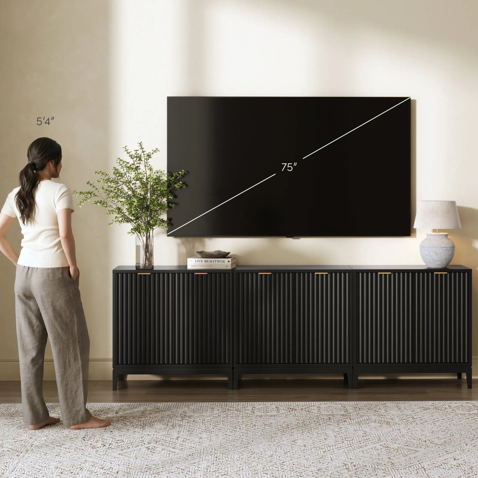Mid-Century Fluted Storage Cabinet Credenza Black Oak (Set of 3)