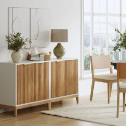 Mid-Century Fluted Storage Credenza Warm White Warm Pine (Set of 2)