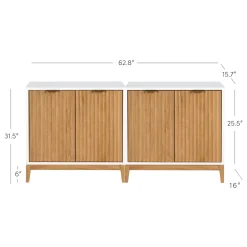Mid-Century Fluted Storage Credenza Warm White Warm Pine (Set of 2)