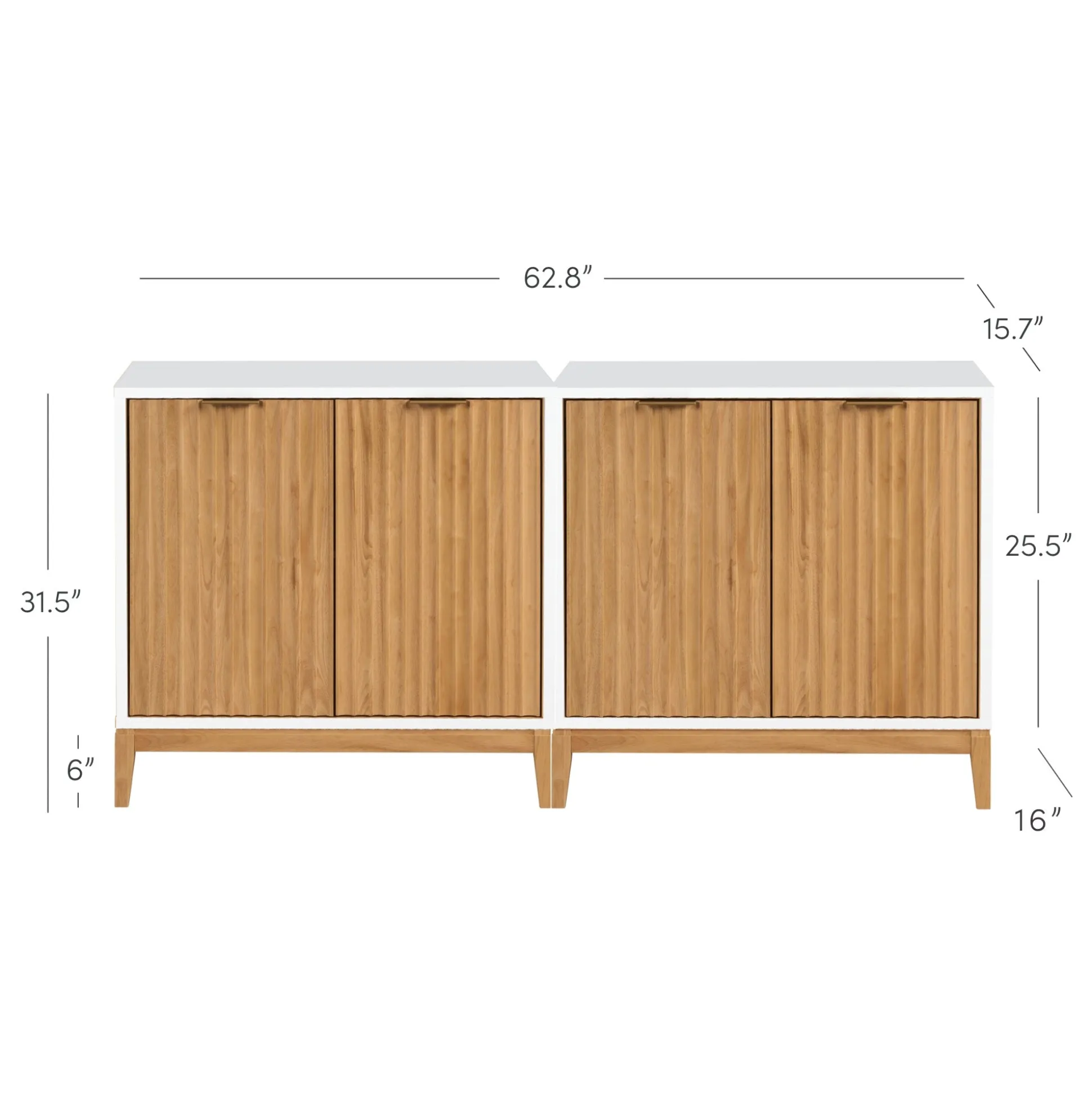 Mid-Century Fluted Storage Credenza Warm White Warm Pine (Set of 2)