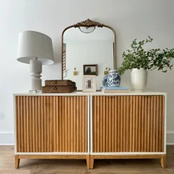 Mid-Century Fluted Storage Credenza Warm White Warm Pine (Set of 2)
