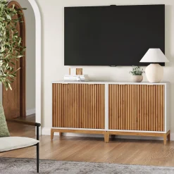 Mid-Century Fluted Storage Credenza Warm White Warm Pine (Set of 2)