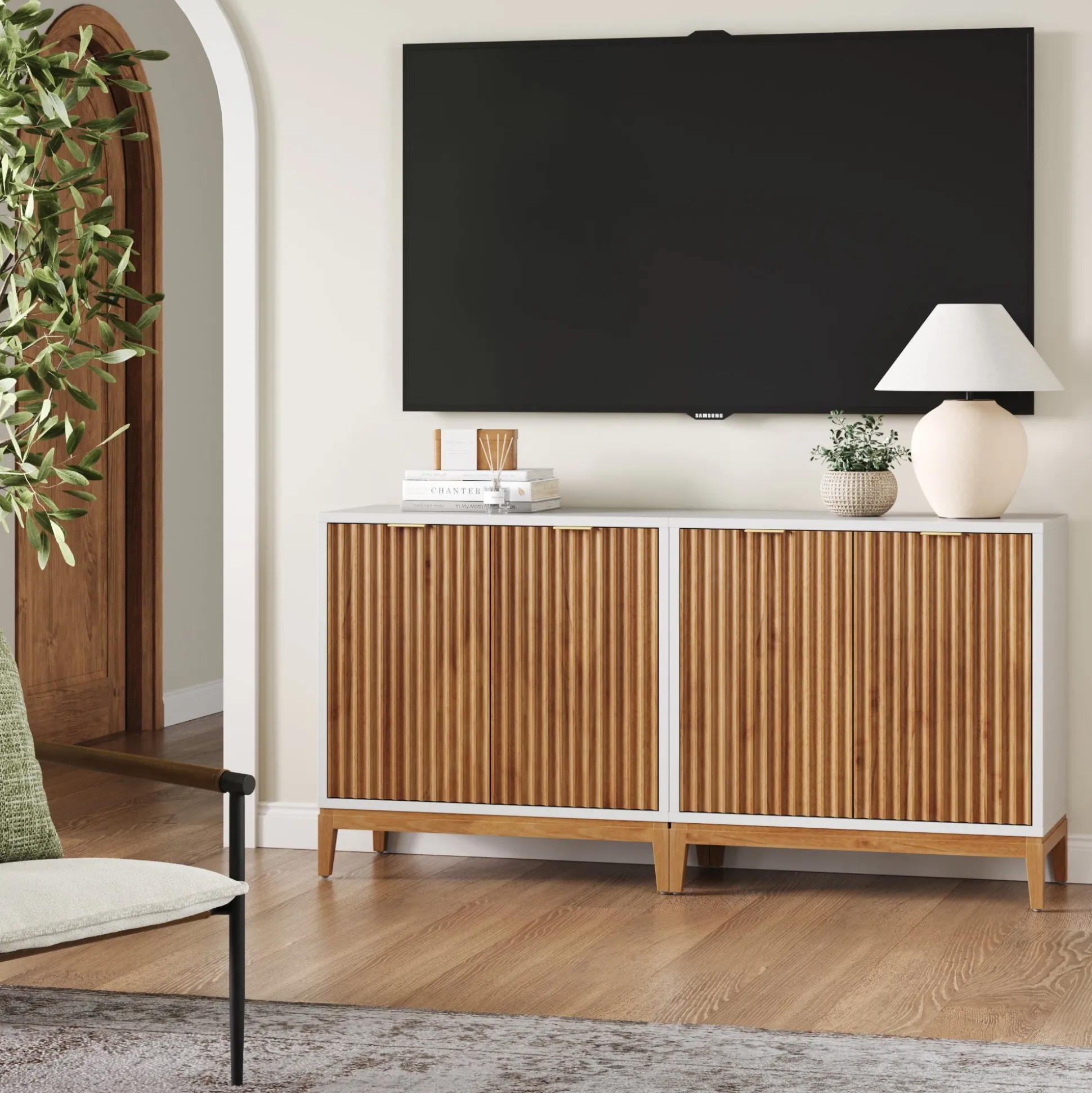 Mid-Century Fluted Storage Credenza Warm White Warm Pine (Set of 2)