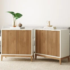 Mid-Century Fluted Storage Credenza Warm White Warm Pine (Set of 2)