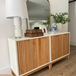 Mid-Century Fluted Storage Credenza Warm White Warm Pine (Set of 3)