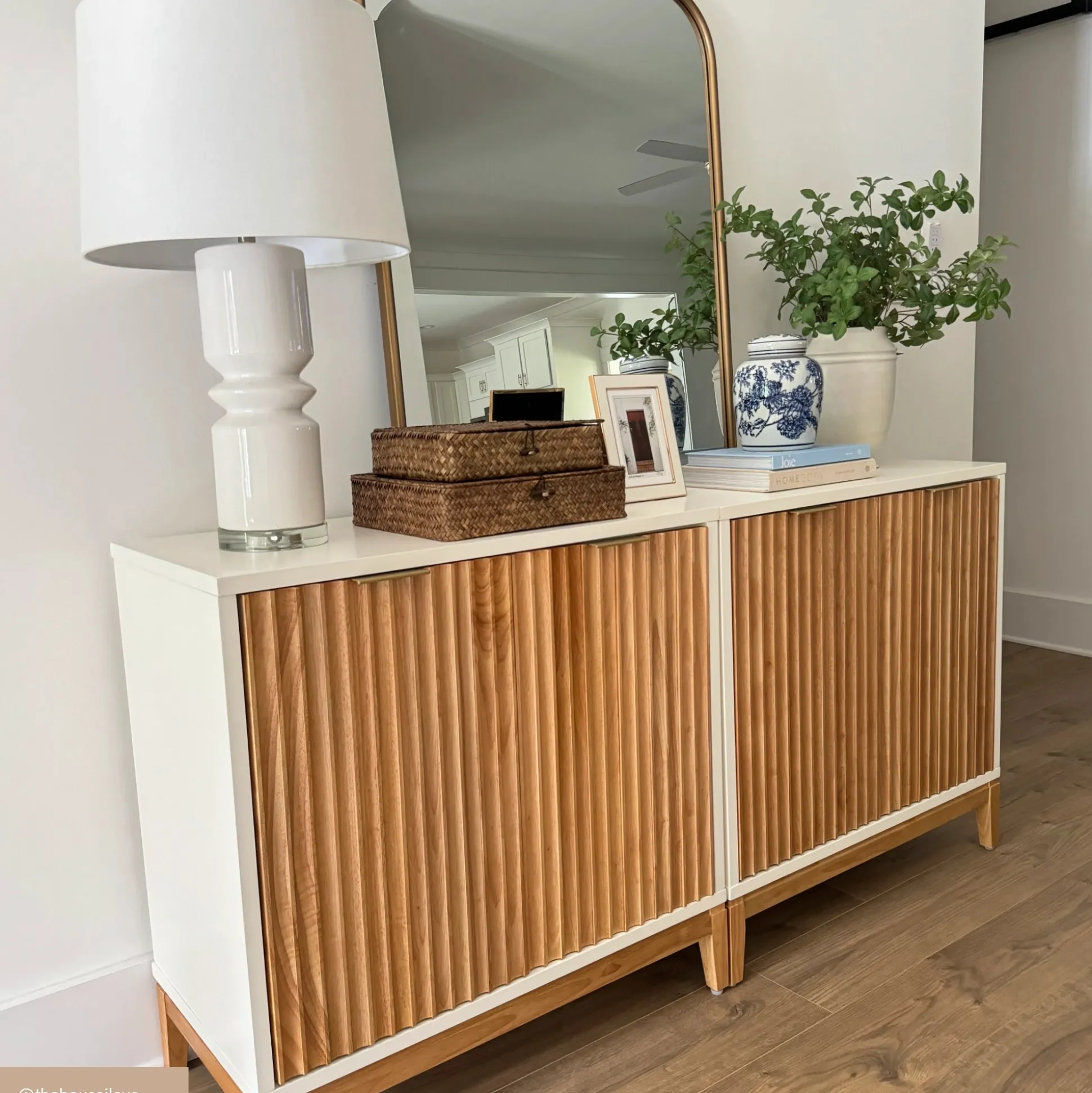 Mid-Century Fluted Storage Credenza Warm White Warm Pine (Set of 3)