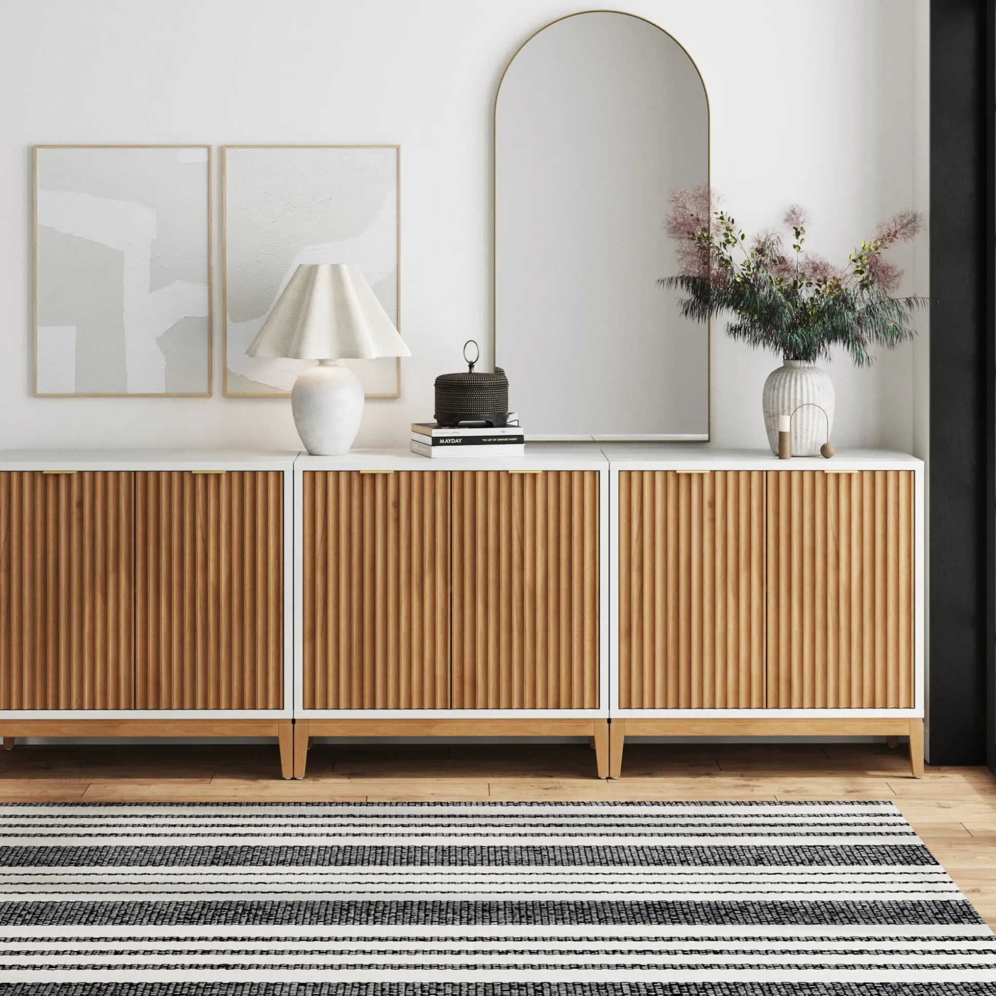 Mid-Century Fluted Storage Credenza Warm White Warm Pine (Set of 3)