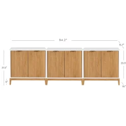 Mid-Century Fluted Storage Credenza Warm White Warm Pine (Set of 3)