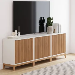 Mid-Century Fluted Storage Credenza Warm White Warm Pine (Set of 3)