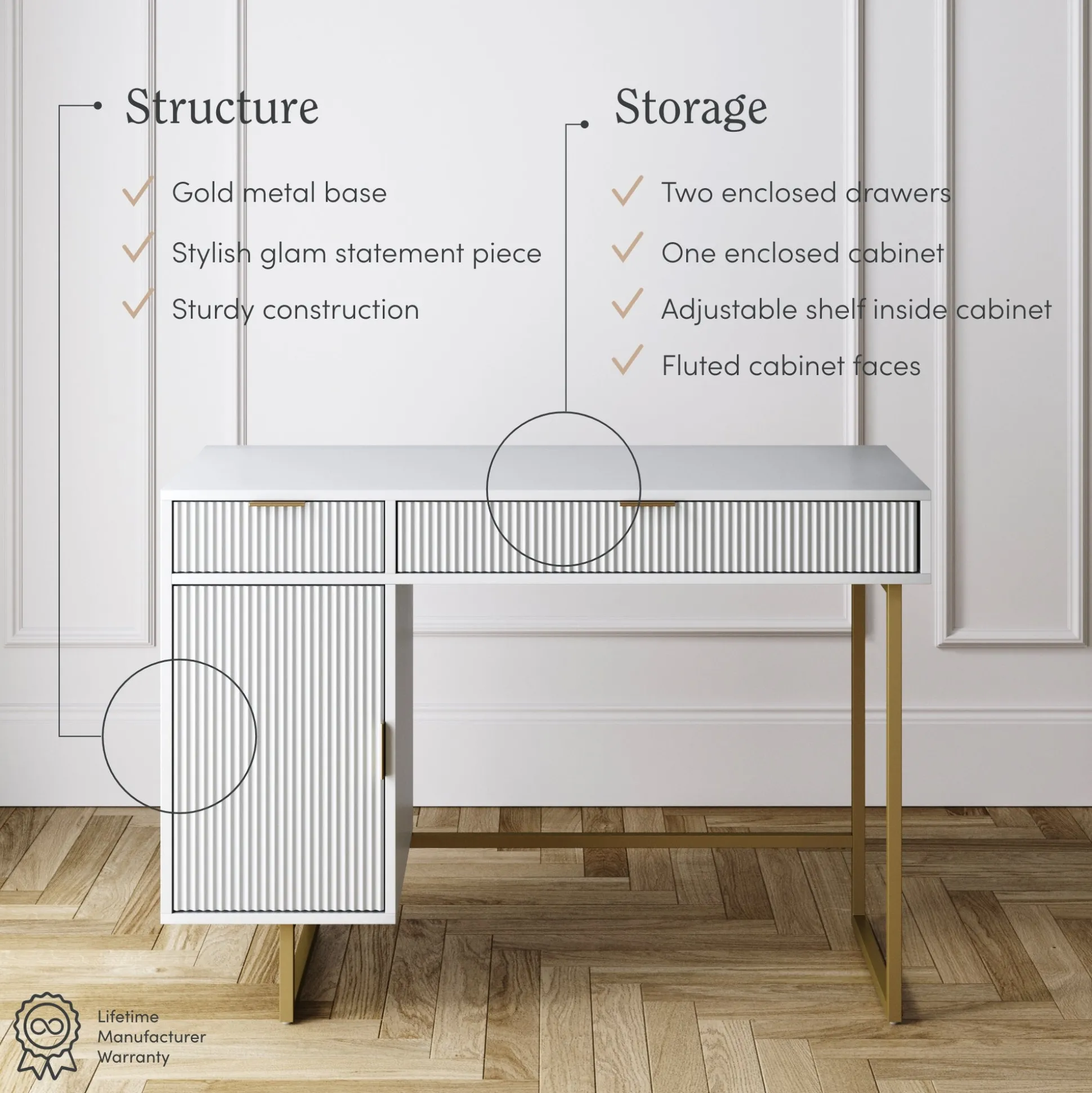 Mid-Century Fluted Storage Vanity Desk