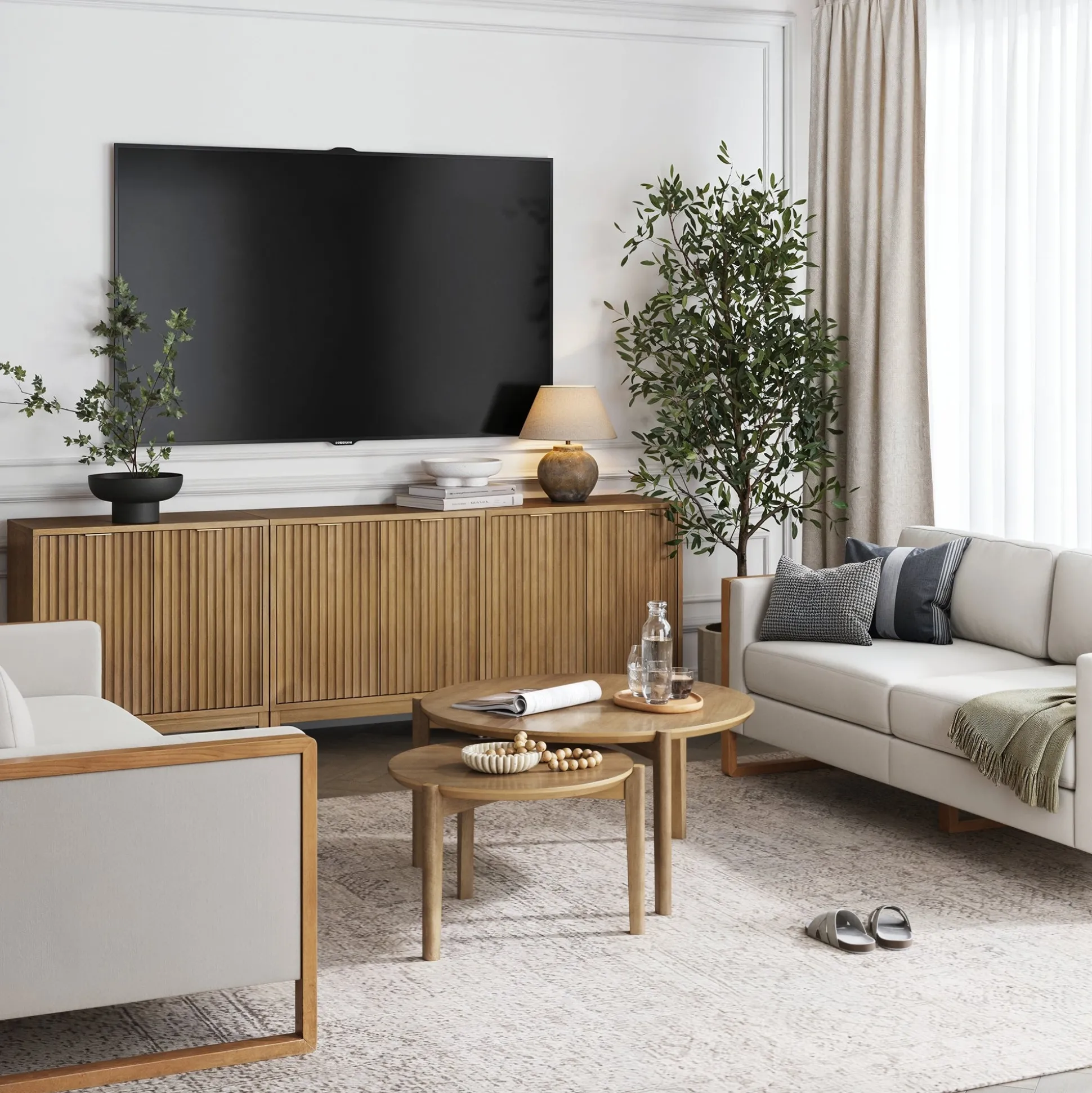 Mid-Century Fluted TV Console for TVs up to 75" Light Brown