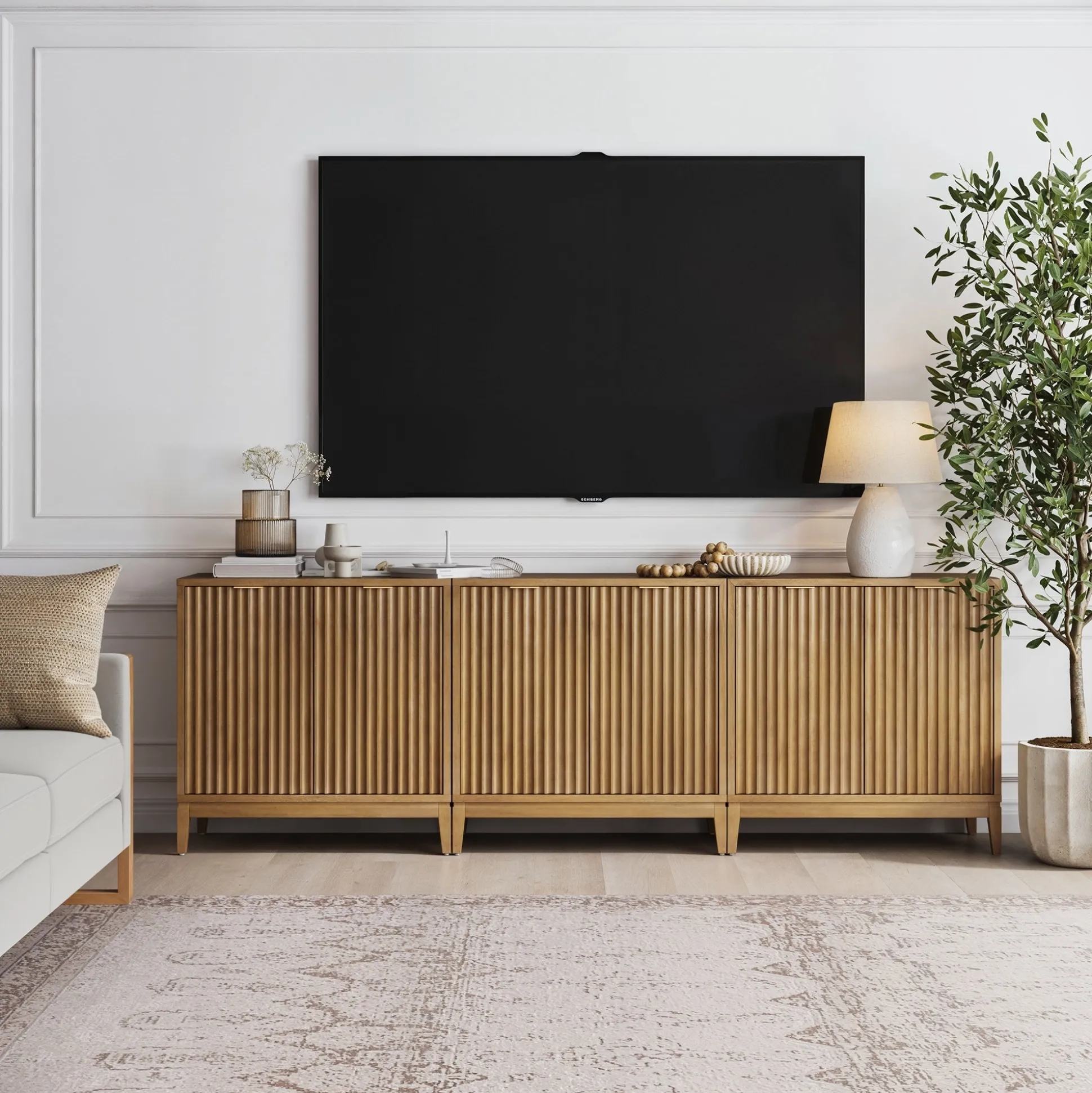 Mid-Century Fluted TV Console for TVs up to 75" Light Brown