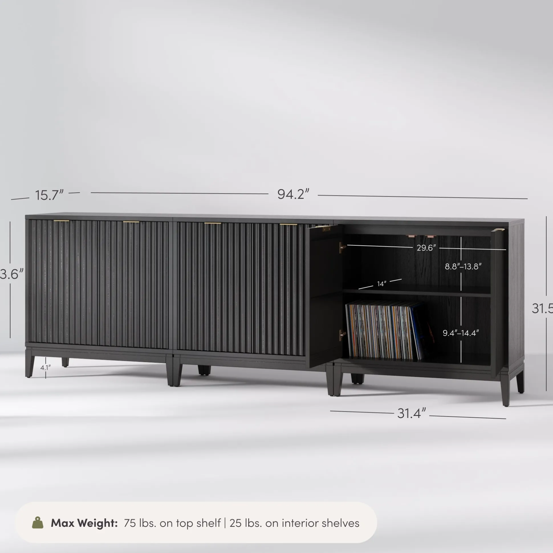 Mid-Century Fluted TV Console for TVs up to 75" Black