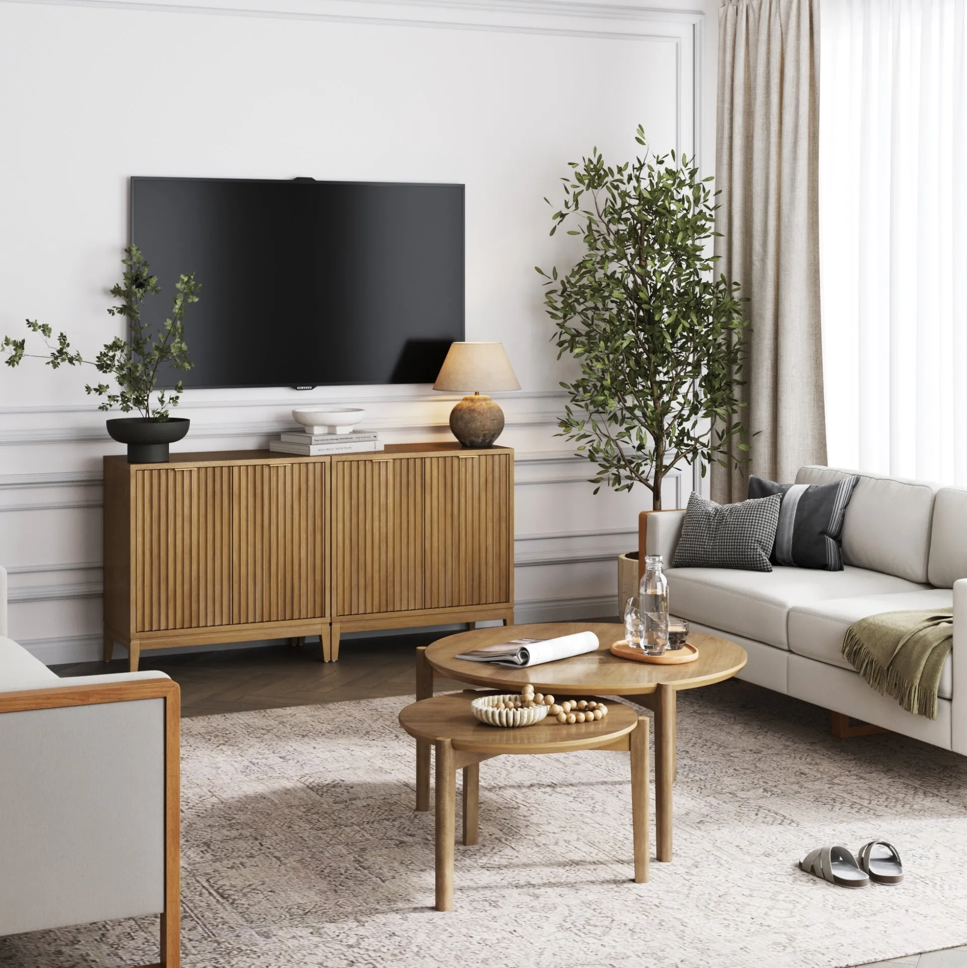 Mid-Century Fluted TV Console for TVs up to 65" Light Brown