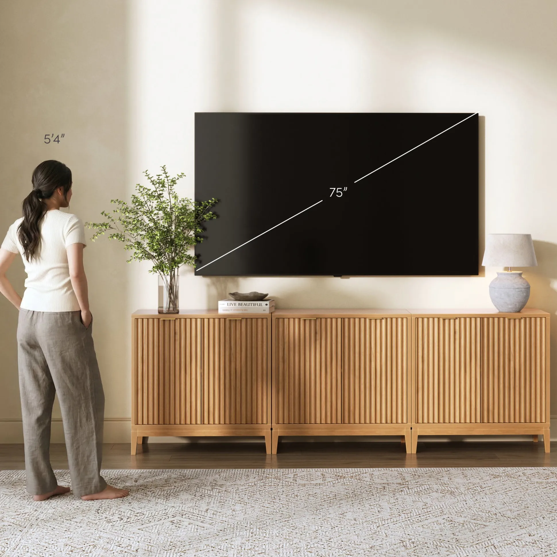Mid-Century Fluted TV Console for TVs up to 75" Warm Pine