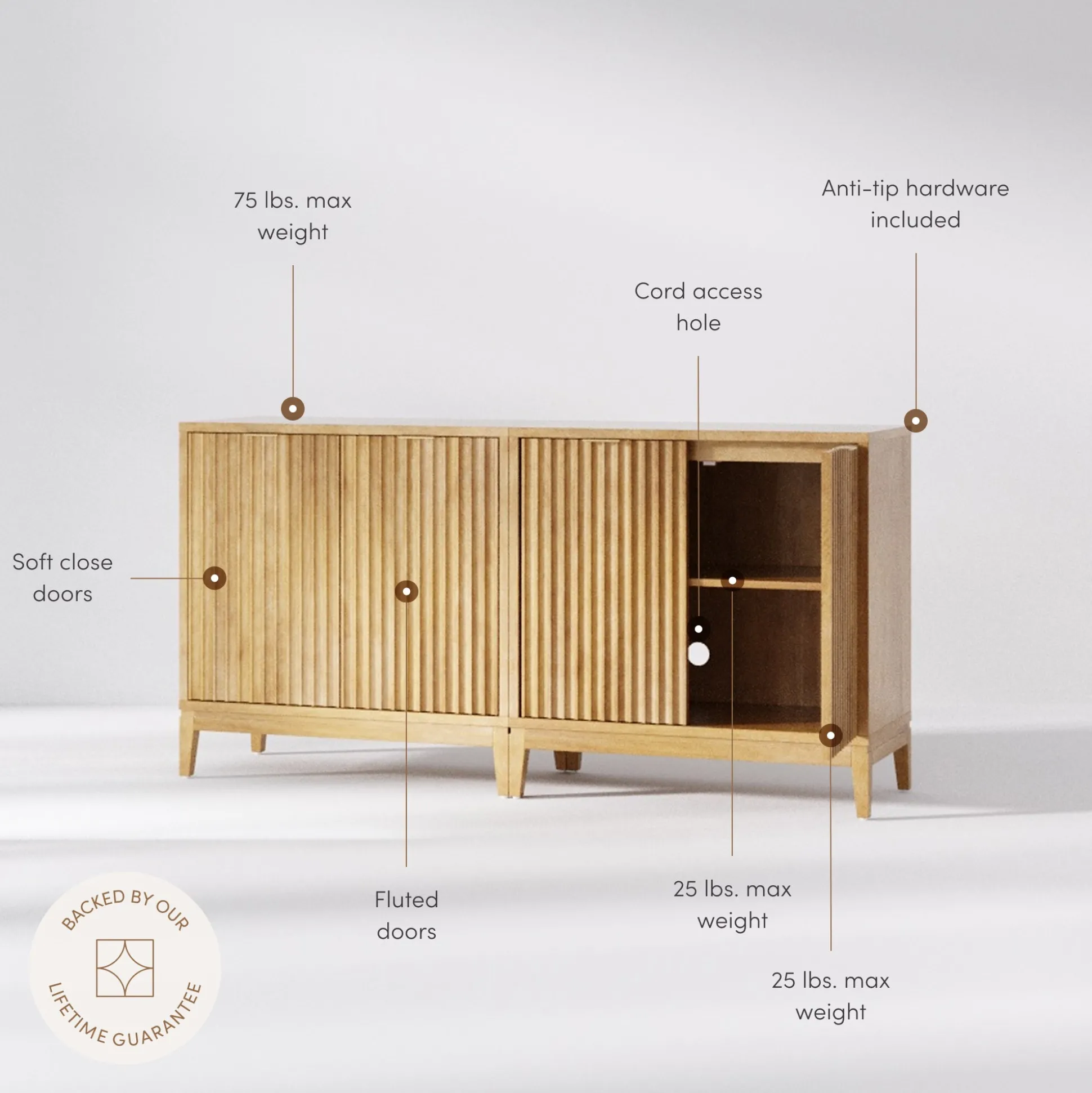 Mid-Century Fluted TV Console for TVs up to 65" Warm Pine